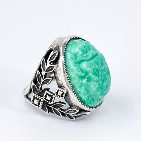 Vintage Sterling Silver 925 Ornate Green Resin Scarab Beetle Ring Size 4.5 - Picture 3 of 8